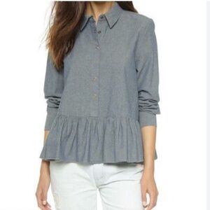 The Great. Ruffle Oxford Peplum Button Top Shirt